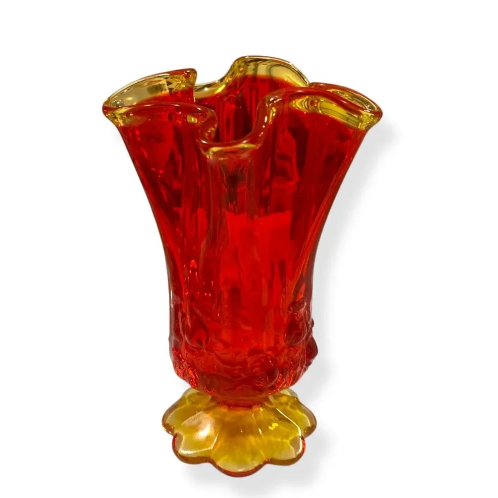 VTG Fenton‎ Glass Amberina Stretch Ruffled Vase 6